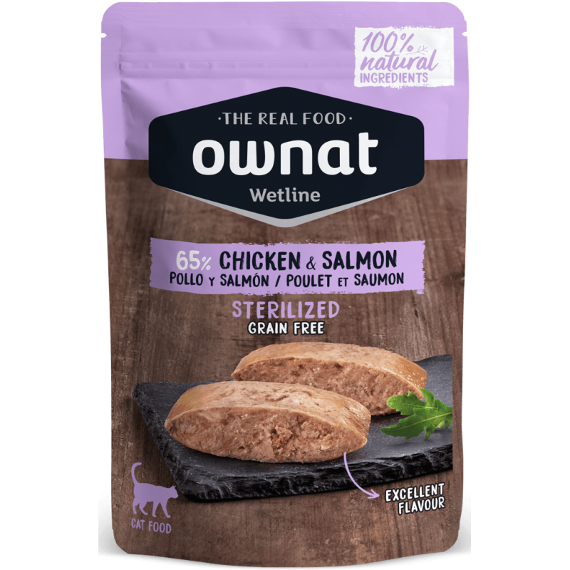 Comida Húmeda Ownat de Pollo y Salmón para gatos esterilizados 85 g PESO 85  g