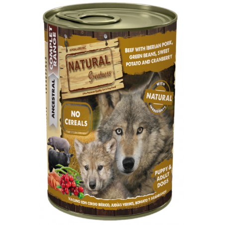 Natural Greatness Lata Vacuno con Cerdo Ibérico, Judías Verdes, Boniato y Arándanos