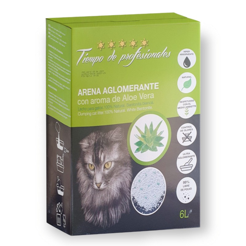 Tiempo de Profesionales Arena para Gatos Aglomerante con aroma a Aloe Vera 6L.