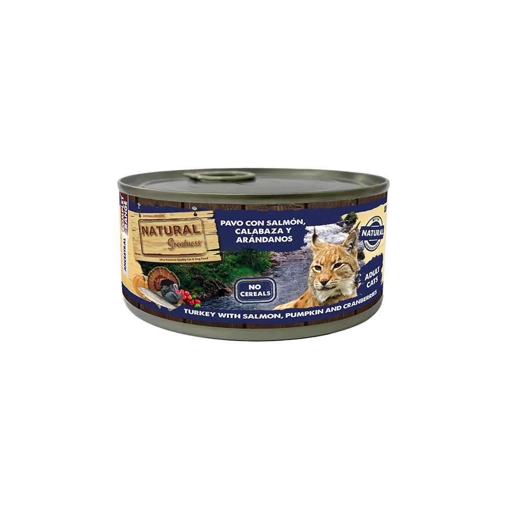 Natural Greatness Gato Lata Complet Pavo con salmón, calabaza y arándanos 185 gr