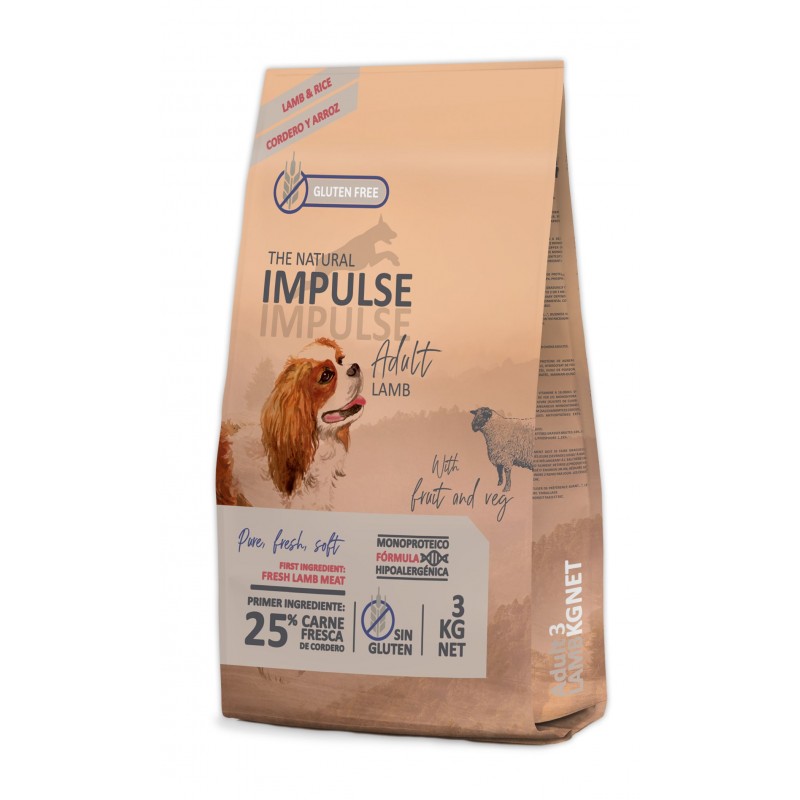 Agente saludo Manía Pienso The Natural Impulse de cordero para perros adultos PESO 3 Kg