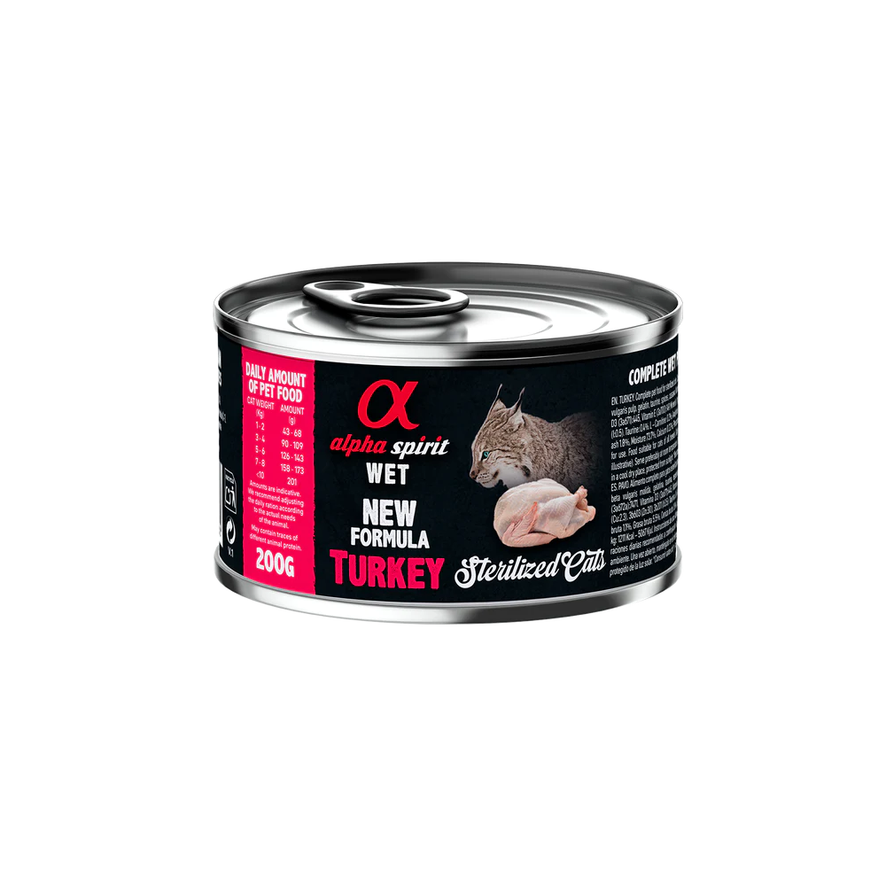 Alpha Spirit Húmedo Lata para Gatos Esterilizados 200g sabor pavo