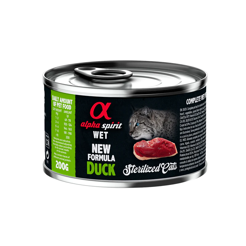 Latas de comida húmeda Alpha Spirit para gatos esterilizados 200 gr SABOR  Pato