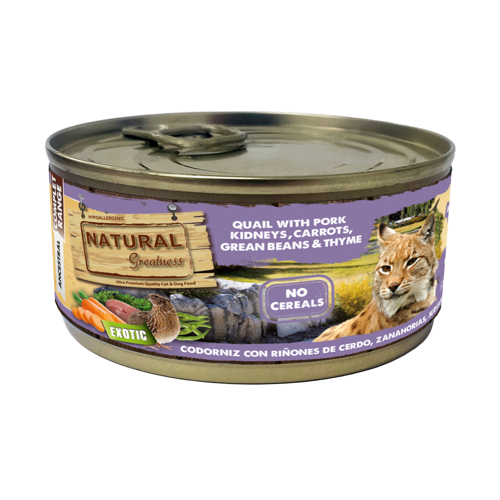 Natural Greatness Gato Lata Complet Codorniz con riñones de cerdo, zanahoria, judías y tomillo