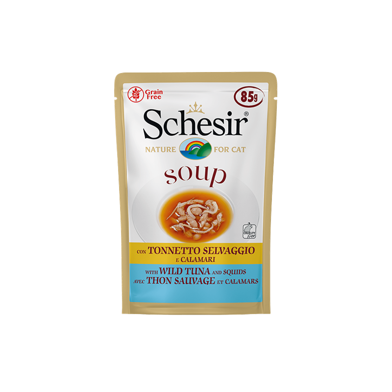 Pouch Comida húmeda Schesir para gatos 85 gr sopa de atún con calamares  PESO 85 g