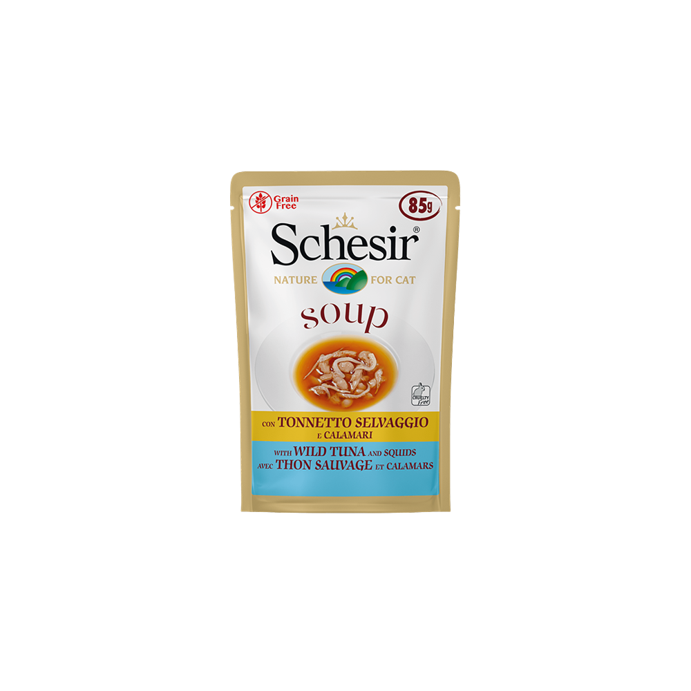 Schesir Pouch Gato de Soup Atún salvaje y calamares 85 gr