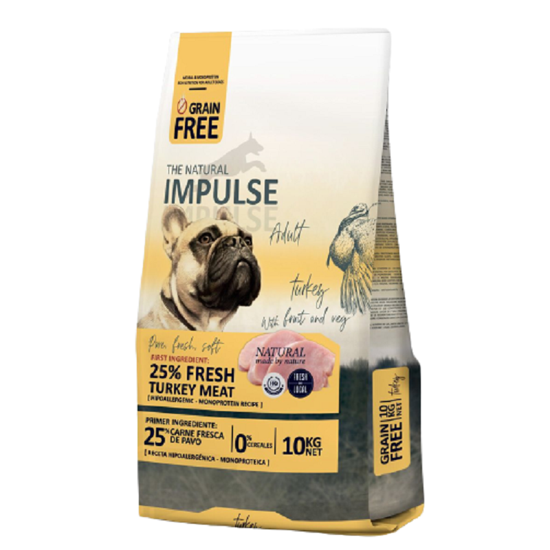 Pienso para perros The Natural Impulse sin cereales y con Pavo Fresco PESO  10 Kg