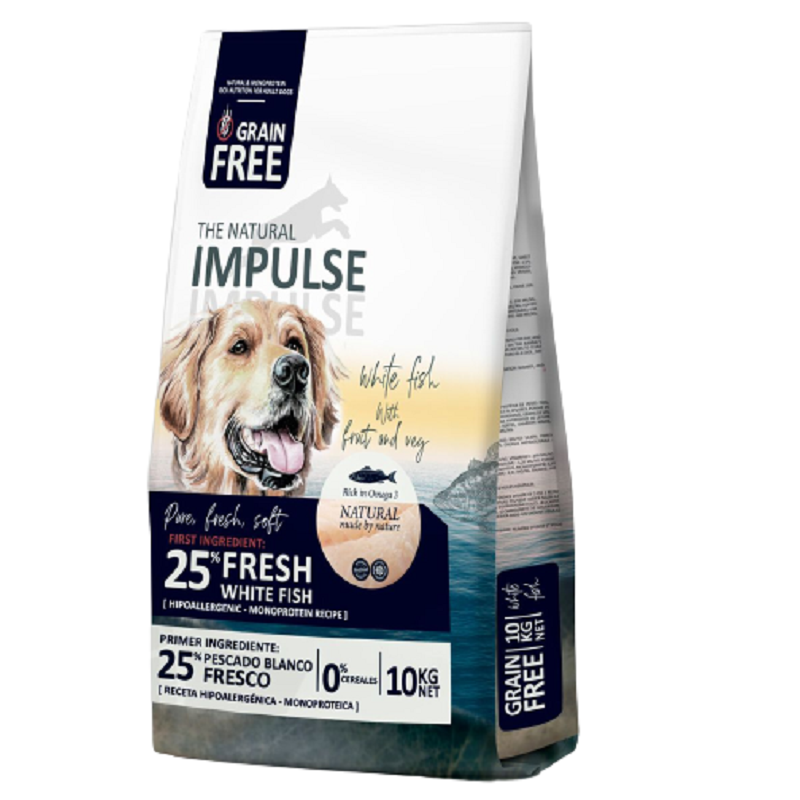 Pienso para perros The Natural Impulse sin cereales y con Pescado Blanco  Fresco PESO 10 Kg