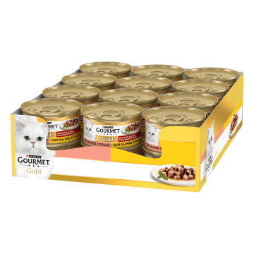 Purina GOURMET GOLD Bocaditos en Salsa con Salmon & Pollo para gatos PACK