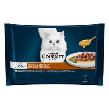 Purina para gatos GOURMET PERLE Delicias en Salsa Pollo y Buey 4 x 85 gr