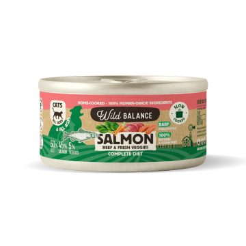 Wild Balance Gato Lata BARF cocinado al vapor SALMÓN y TERNERA con Verduras Frescas