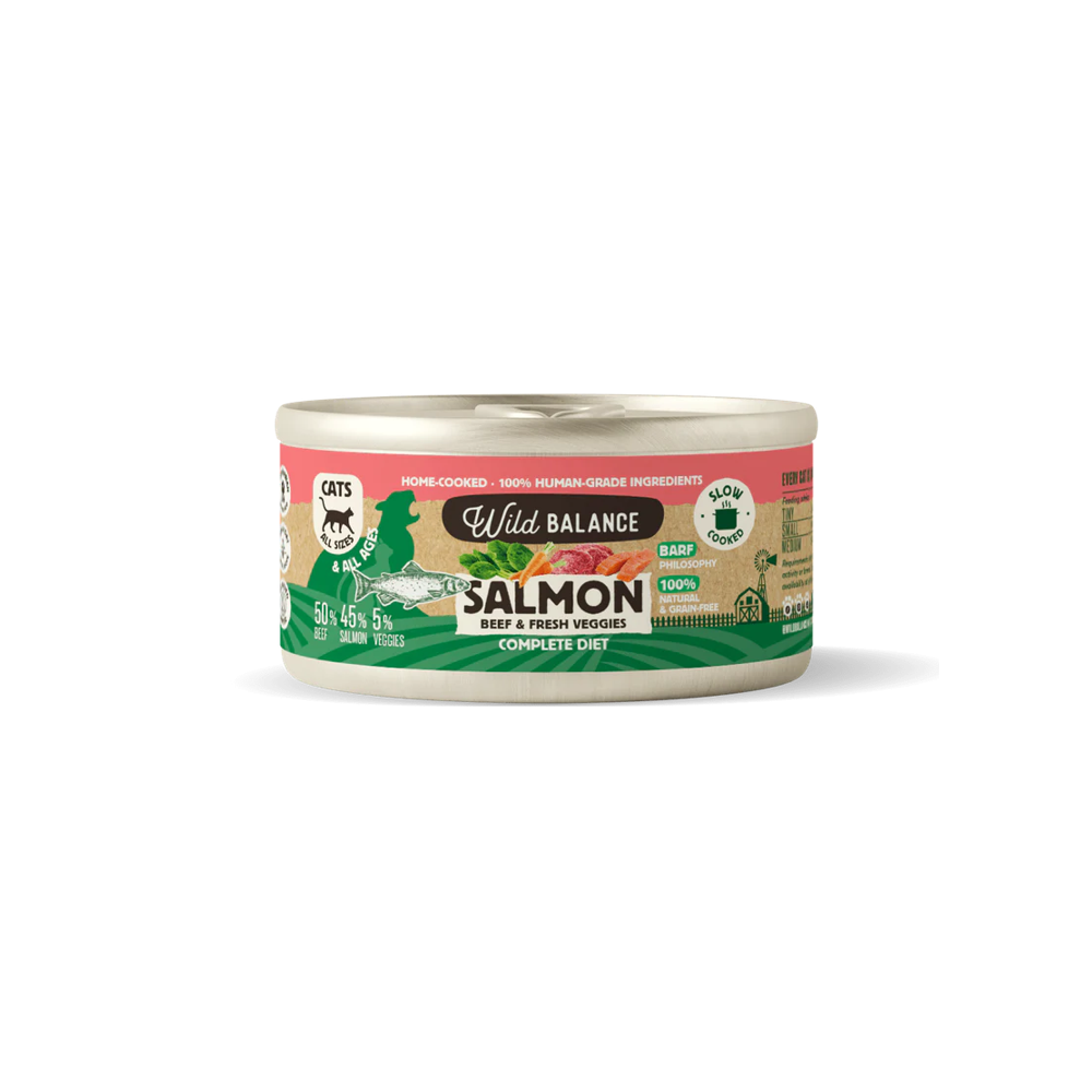 Wild Balance Gato Lata BARF cocinado al vapor SALMÓN y TERNERA con Verduras Frescas