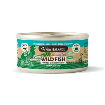 Wild Balance Gato Lata BARF cocinado al vapor PESCADO SALVAJE y PAVO con Verduras Frescas