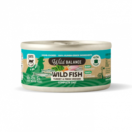 Wild Balance Gato Lata BARF cocinado al vapor PESCADO SALVAJE y PAVO con Verduras Frescas