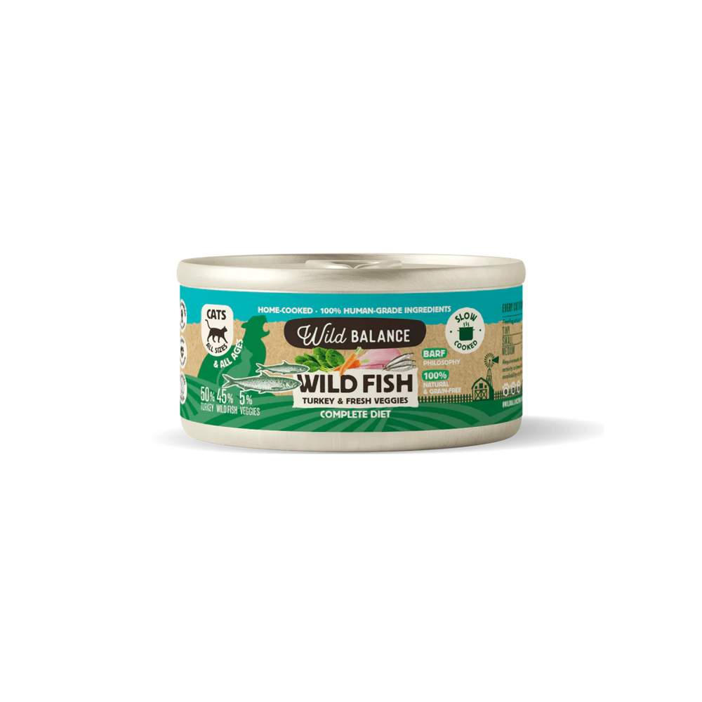 Wild Balance Gato Lata BARF cocinado al vapor PESCADO SALVAJE y PAVO con Verduras Frescas