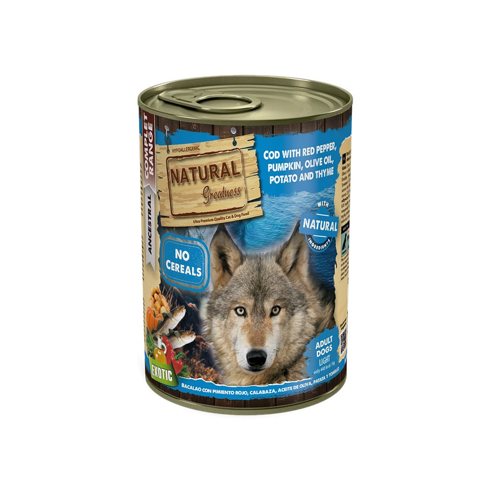 Natural Greatness Lata Bacalao con Pimiento rojo, Calabaza, Aceite de Oliva, Patata y Tomillo 390 Gr