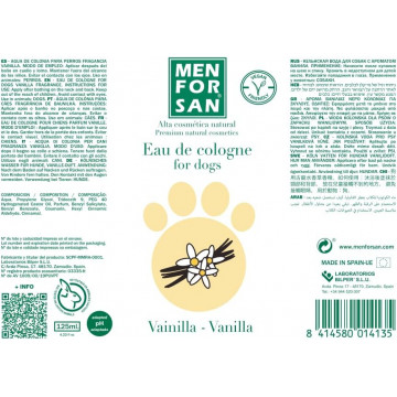 Menforsan Agua de colonia vainilla para perros 125 ml etiqueta
