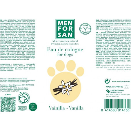 Menforsan Agua de colonia vainilla para perros 125 ml etiqueta