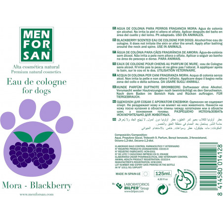 Menforsan Agua de colonia de mora para perros 125ml ETIQUETA