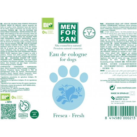 Menforsan Agua de colonia fresh para perros 125 ml ETIQUETA