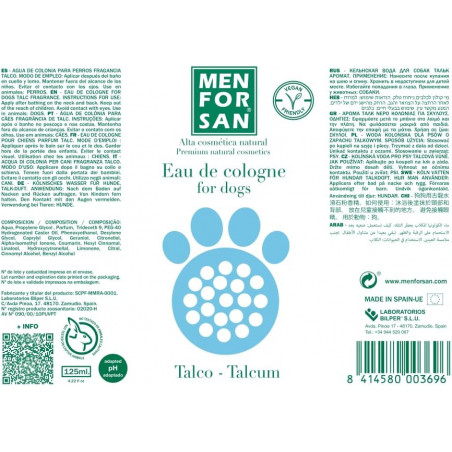 Menforsan Agua de colonia talco para perros 125 ml ETIQUETA