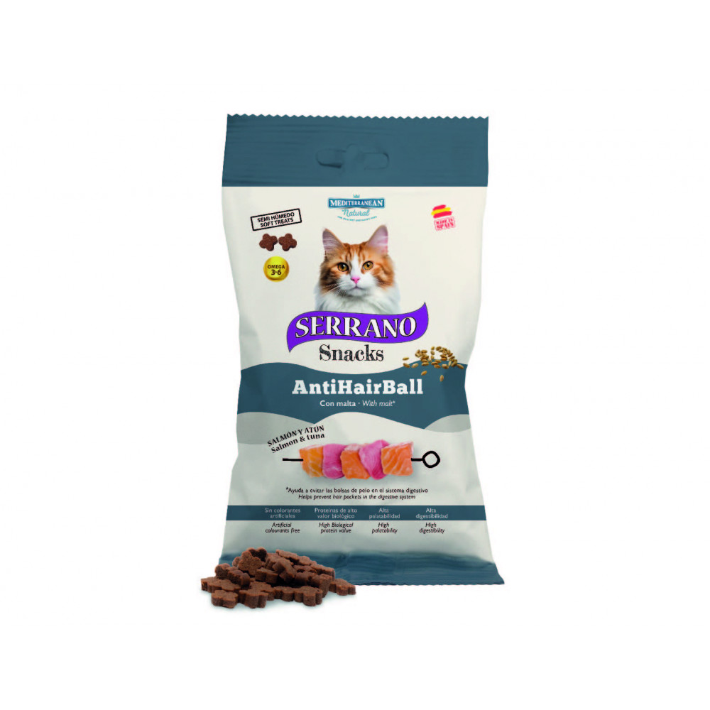 Mediterranean Serrano Snacks Para Gatos Antihairball Salmon y Atun