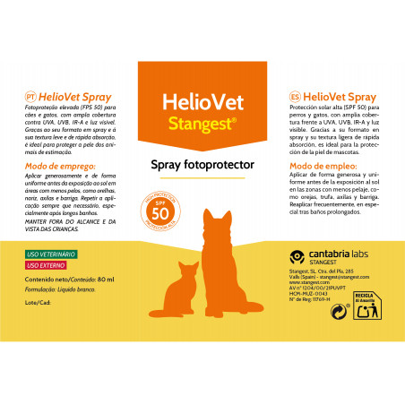 Stangest Heliovet Spray Fotoprotector SPF50+ crema para Perros y Gatos ETIQUETA