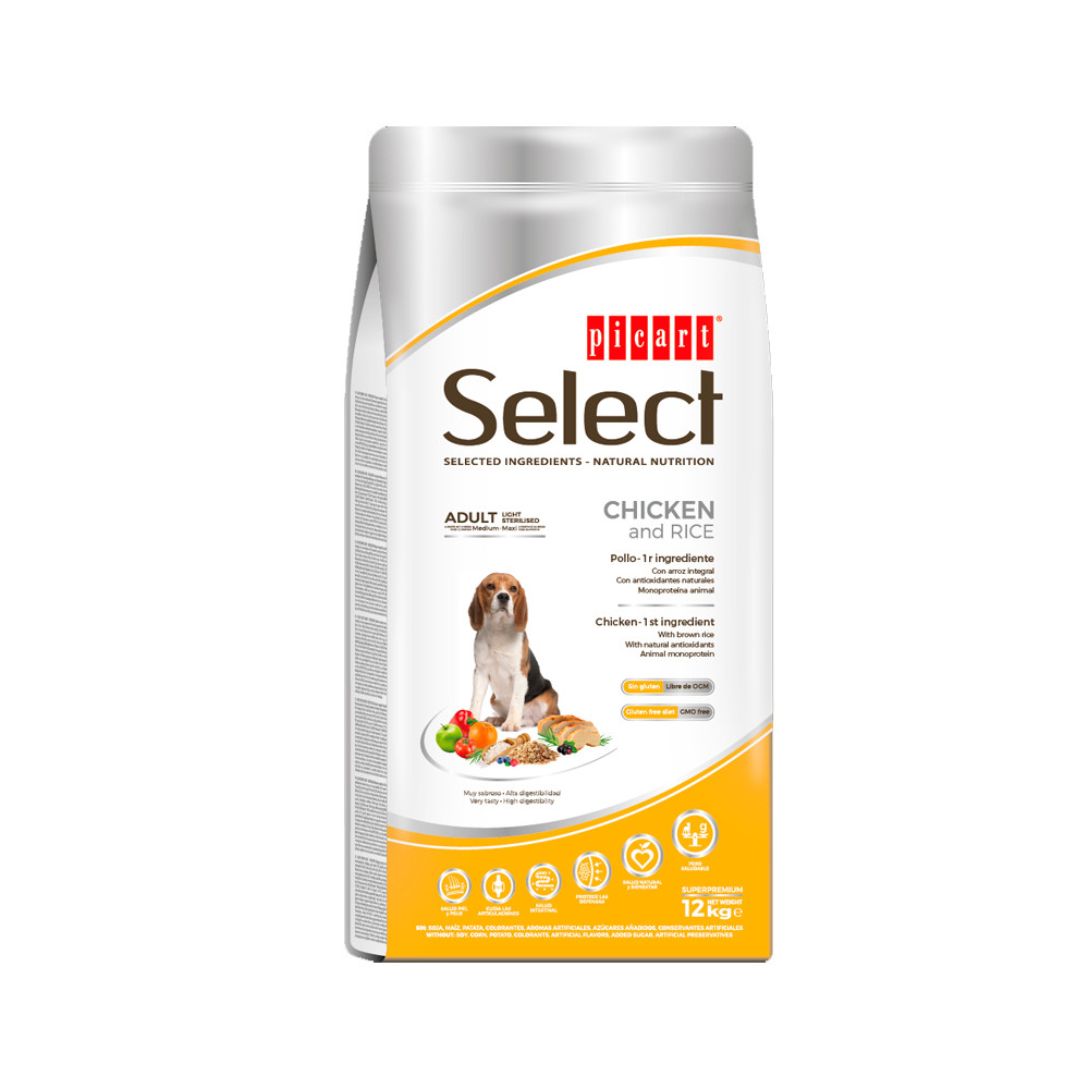 Picart Select Pienso Light-Esterilizado de Pollo y Arroz para Perros Medium Maxi 12 Kg