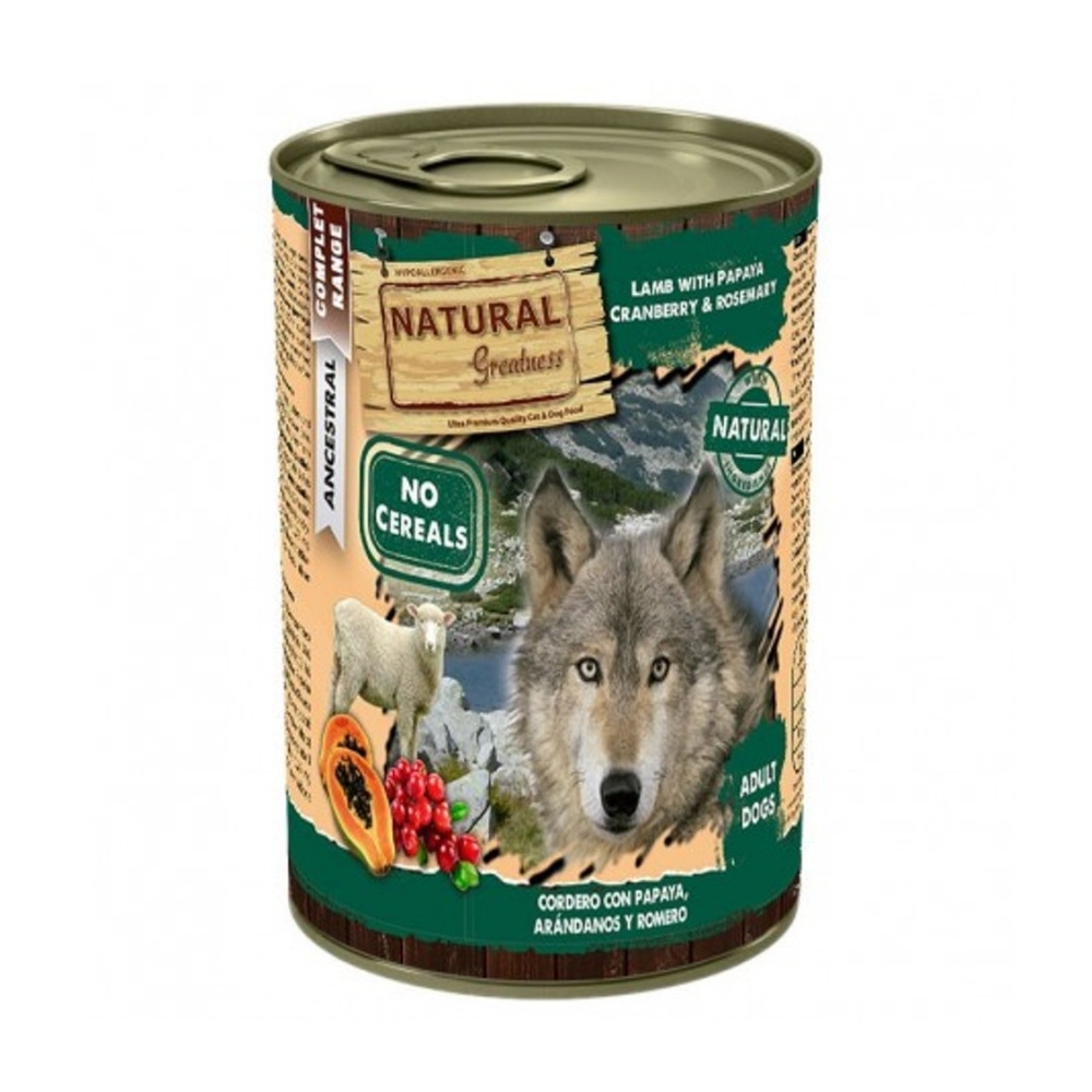 Natural Greatness Lata Cordero con Papaya, Arándanos y Romero