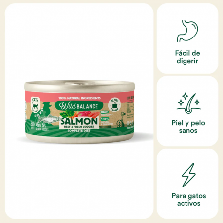 Wild Balance Gato Lata BARF cocinado al vapor SALMÓN y TERNERA con Verduras Frescas